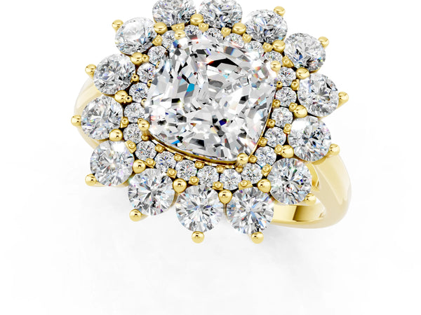 Yellow gold Cushion Cut Moissanite Floral Double Halo Engagement Ring with Prong Setting