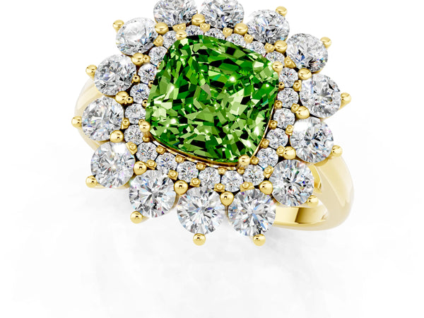 Yellow gold Cushion Cut Peridot Floral Double Halo Engagement Ring with Prong Setting