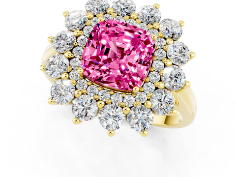 Yellow gold Cushion Cut Halo Cluster Diamond Ring with Pave Band and Four-Prong Setting_13