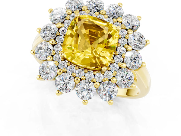 Yellow gold Cushion Cut Yellow Sapphire Floral Double Halo Engagement Ring with Prong Setting