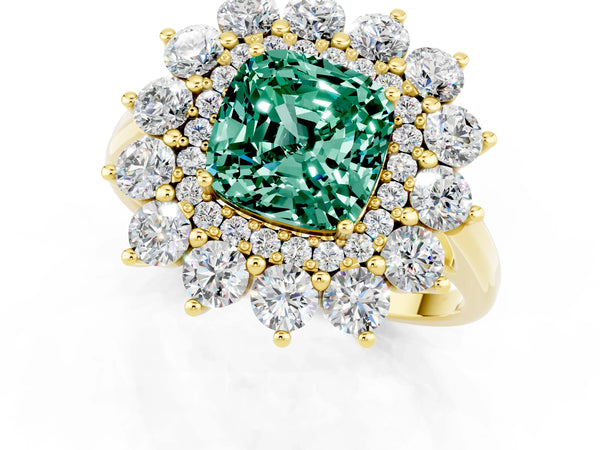 Yellow gold Cushion Cut Green Sapphire Floral Double Halo Engagement Ring with Prong Setting