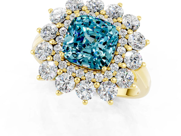 Yellow gold Cushion Cut Blue Topaz Floral Double Halo Engagement Ring with Prong Setting
