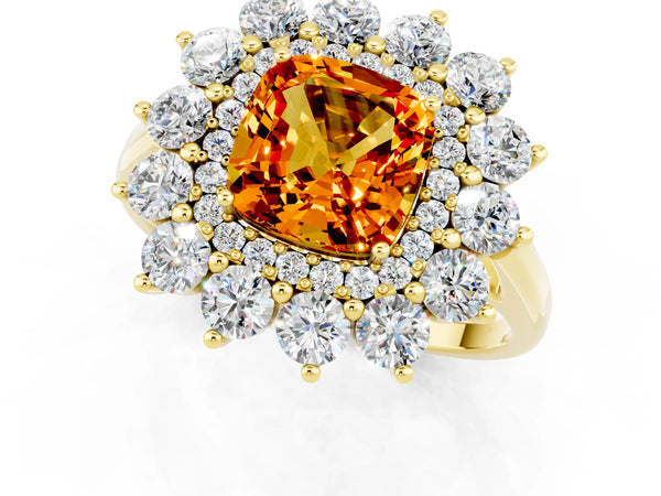 Yellow gold Cushion Cut Citrine Floral Double Halo Engagement Ring with Prong Setting