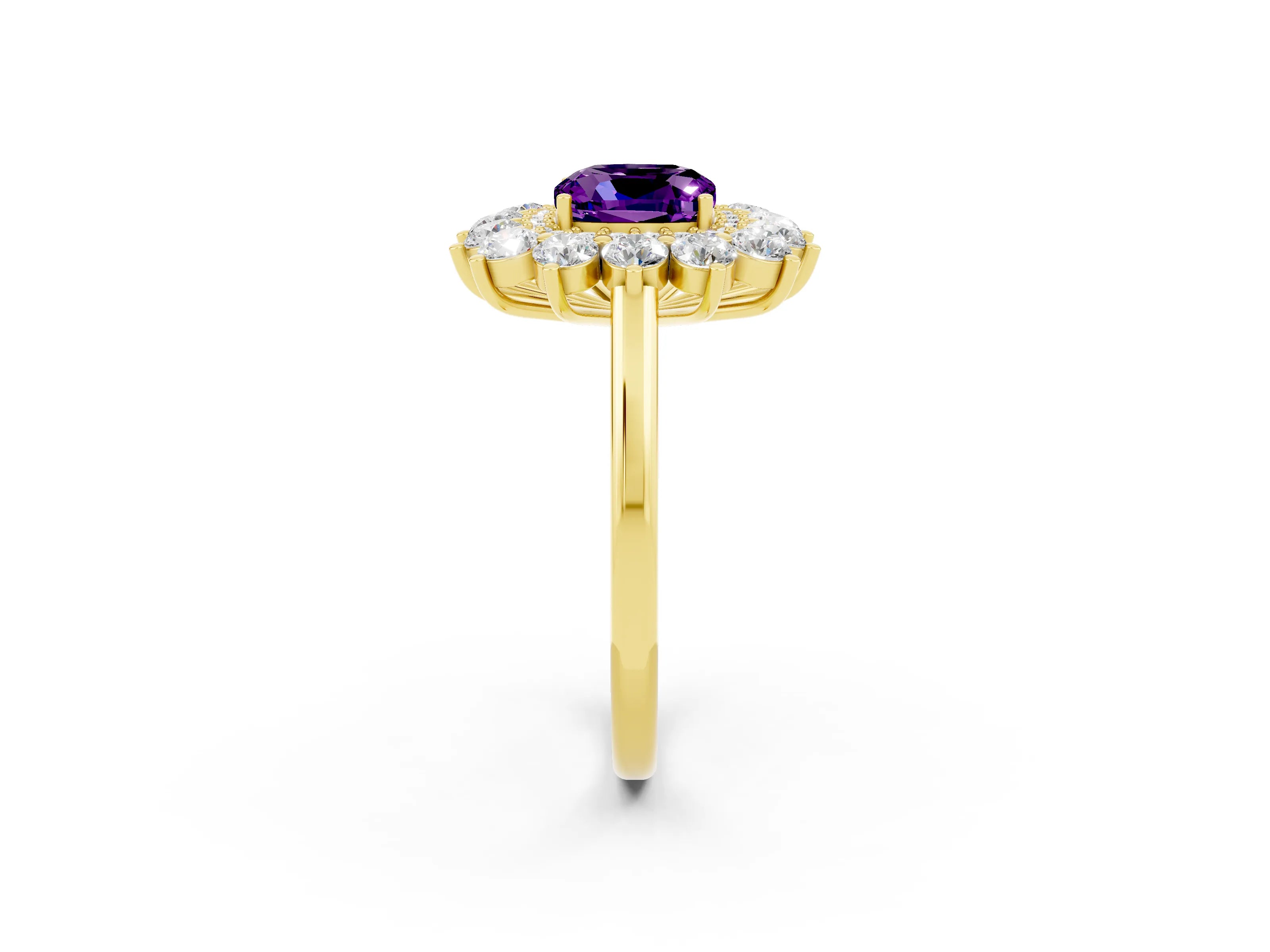 Yellow gold Cushion Cut Halo Cluster Diamond Ring with Pave Band and Four-Prong Setting_14