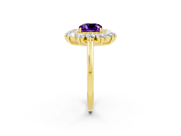 Yellow gold Cushion Cut Amethyst Floral Double Halo Engagement Ring with Prong Setting