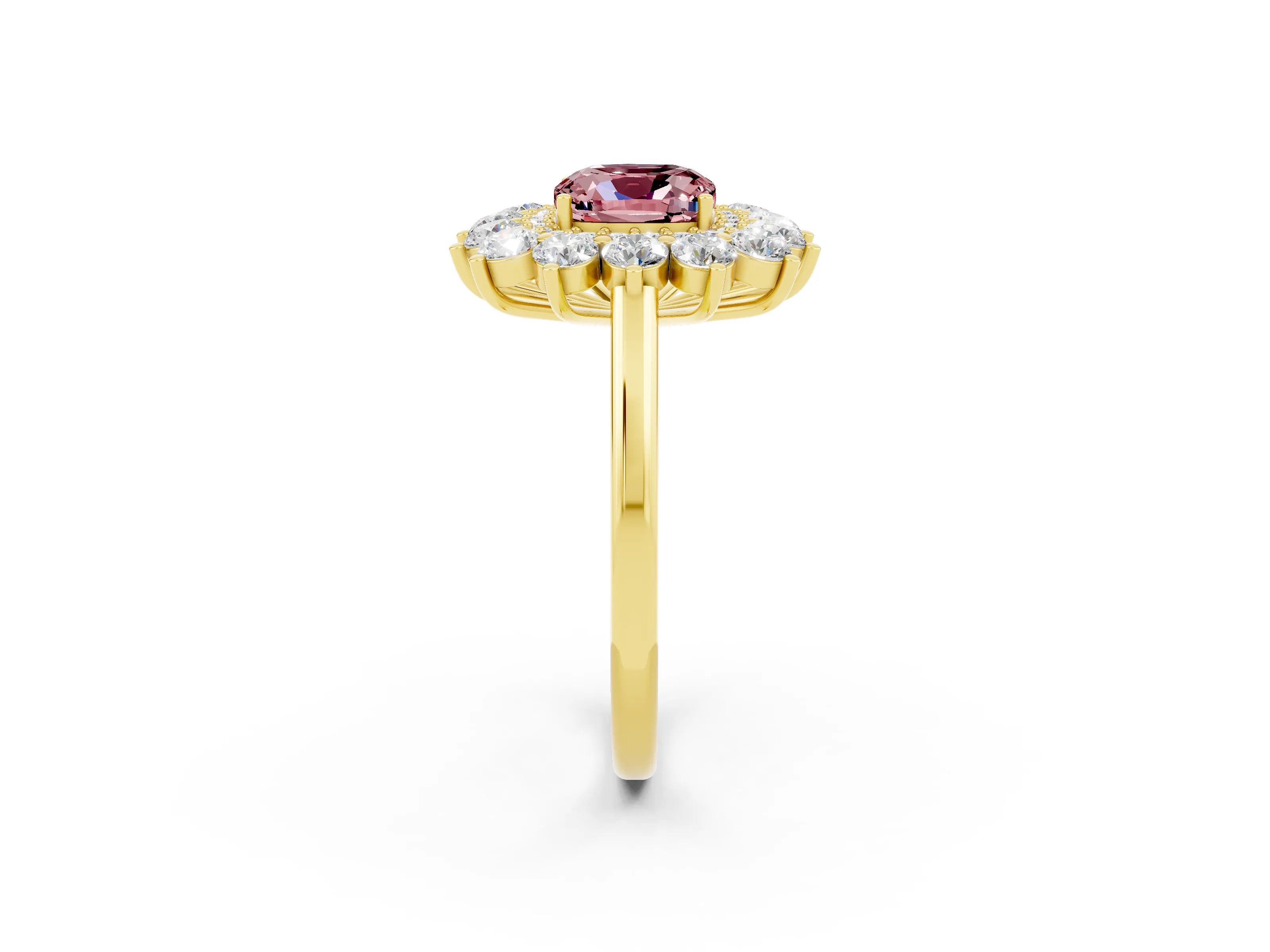 Yellow gold Cushion Cut Halo Cluster Diamond Ring with Pave Band and Four-Prong Setting_14