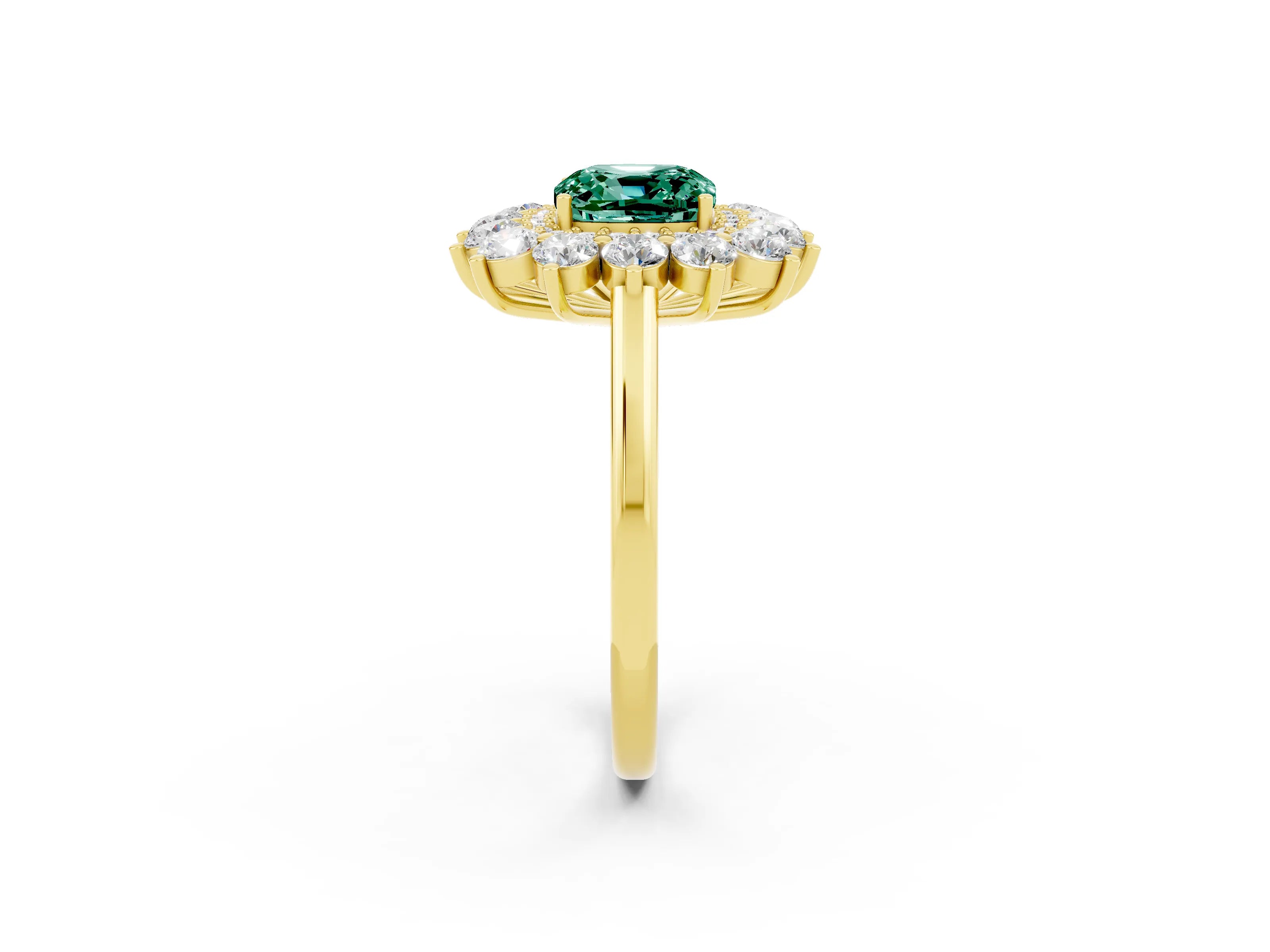 Yellow gold Cushion Cut Halo Cluster Diamond Ring with Pave Band and Four-Prong Setting_14