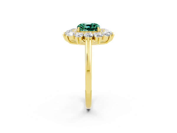 Yellow gold Cushion Cut Green Sapphire Floral Double Halo Engagement Ring with Prong Setting