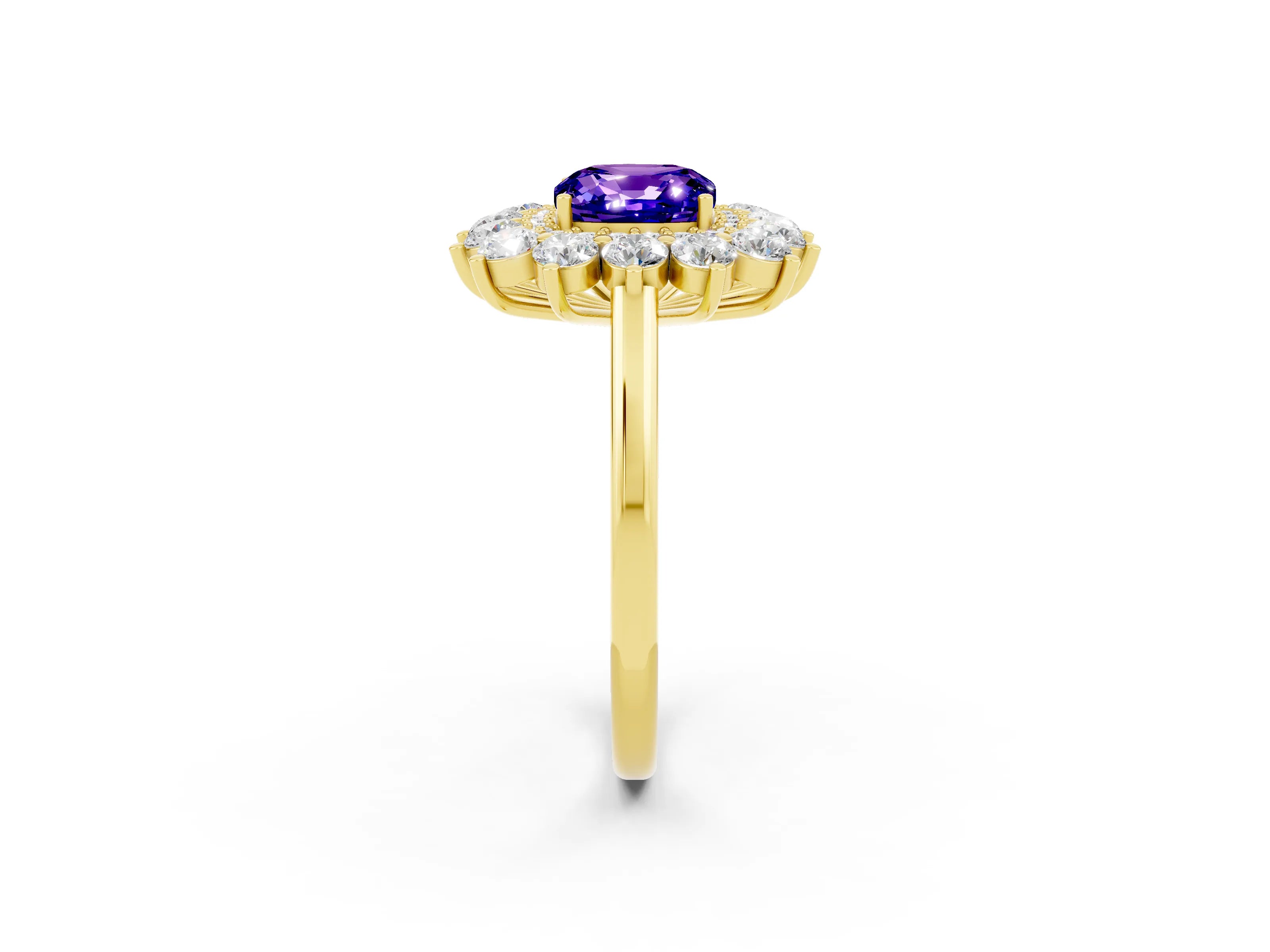 Yellow gold Cushion Cut Halo Cluster Diamond Ring with Pave Band and Four-Prong Setting_14