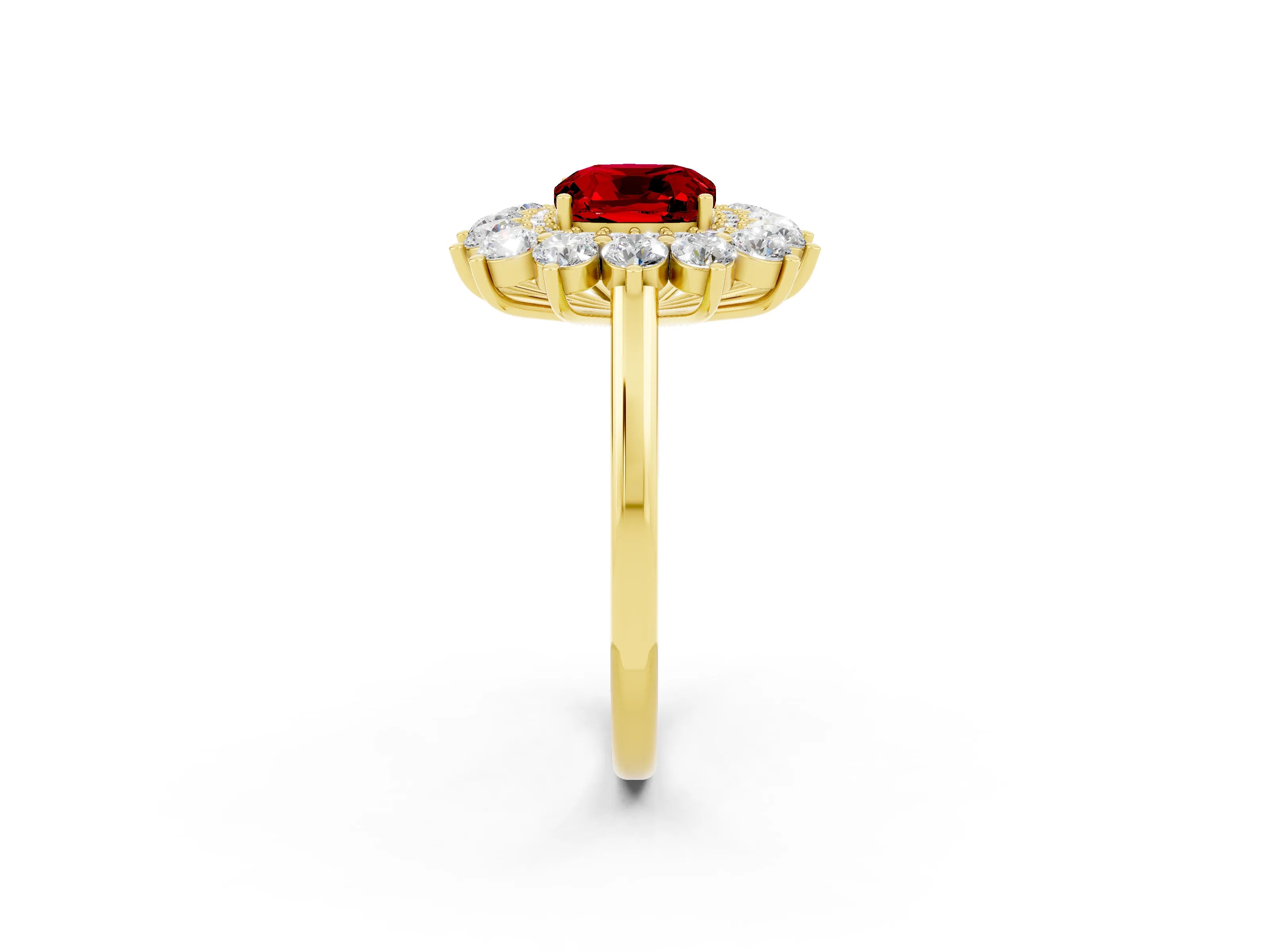Yellow gold Cushion Cut Halo Cluster Diamond Ring with Pave Band and Four-Prong Setting_14