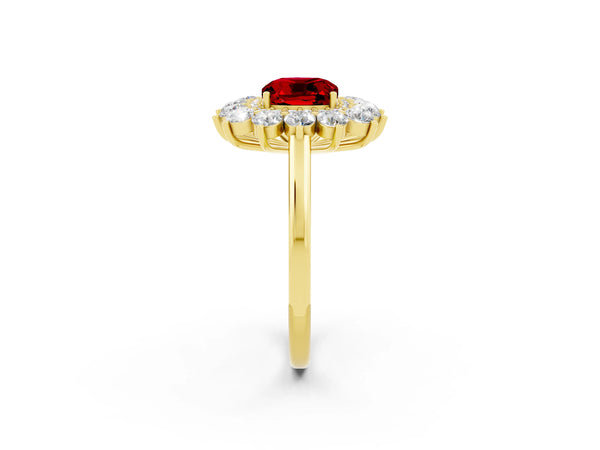 Yellow gold Cushion Cut Ruby Floral Double Halo Engagement Ring with Prong Setting