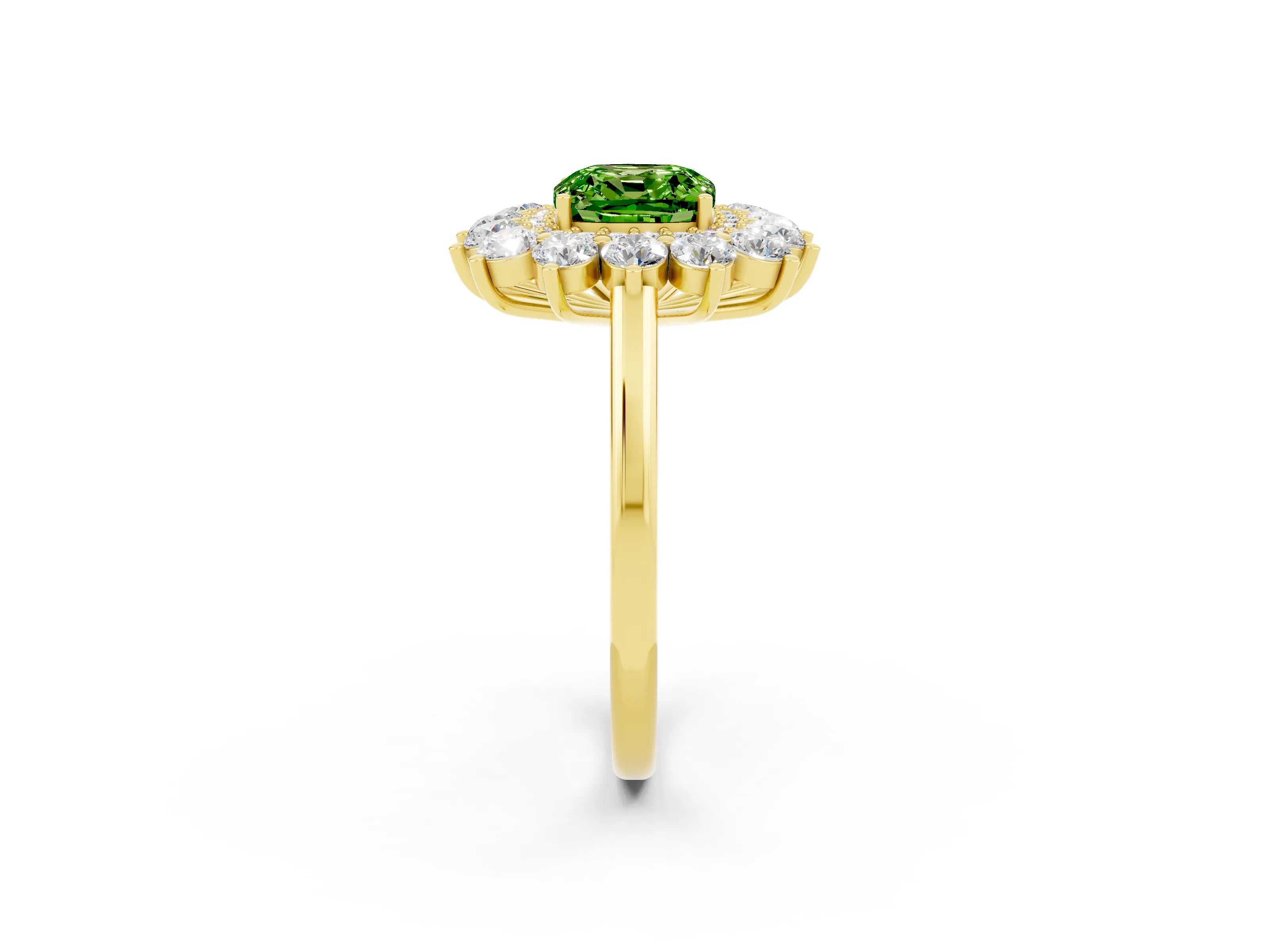 Yellow gold Cushion Cut Halo Cluster Diamond Ring with Pave Band and Four-Prong Setting_14