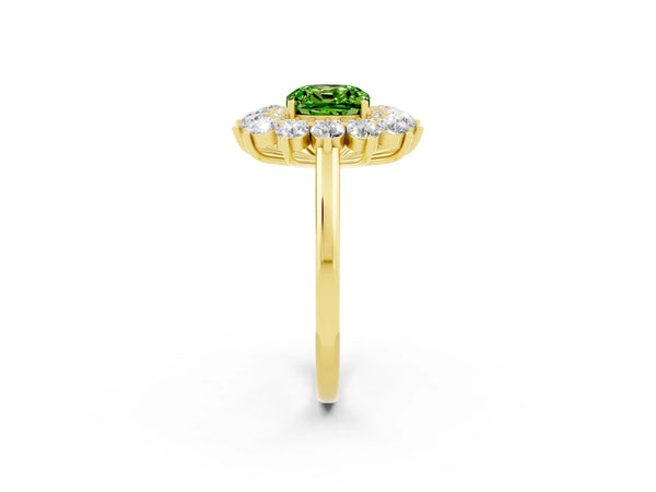 Yellow gold Cushion Cut Peridot Floral Double Halo Engagement Ring with Prong Setting