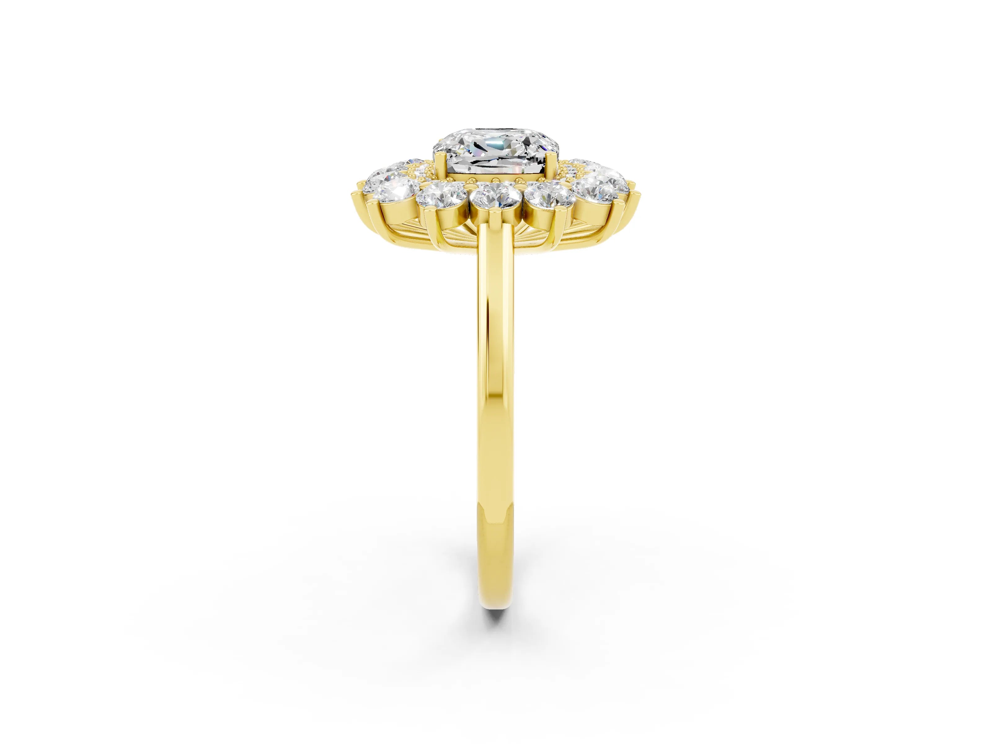 Yellow gold Cushion Cut Halo Cluster Diamond Ring with Pave Band and Four-Prong Setting_14