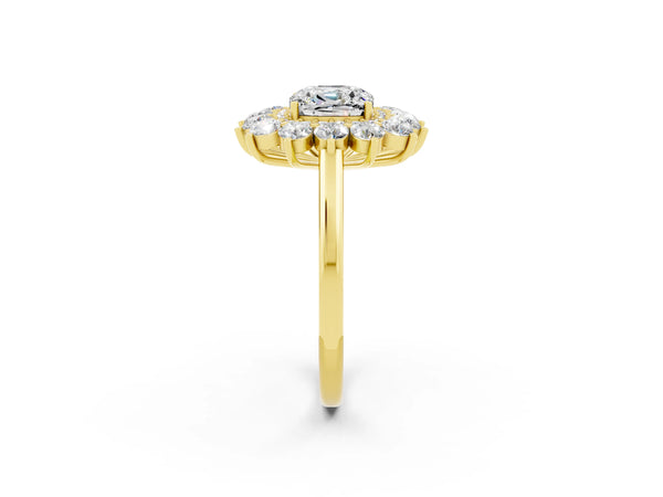 Yellow gold Cushion Cut Moissanite Floral Double Halo Engagement Ring with Prong Setting