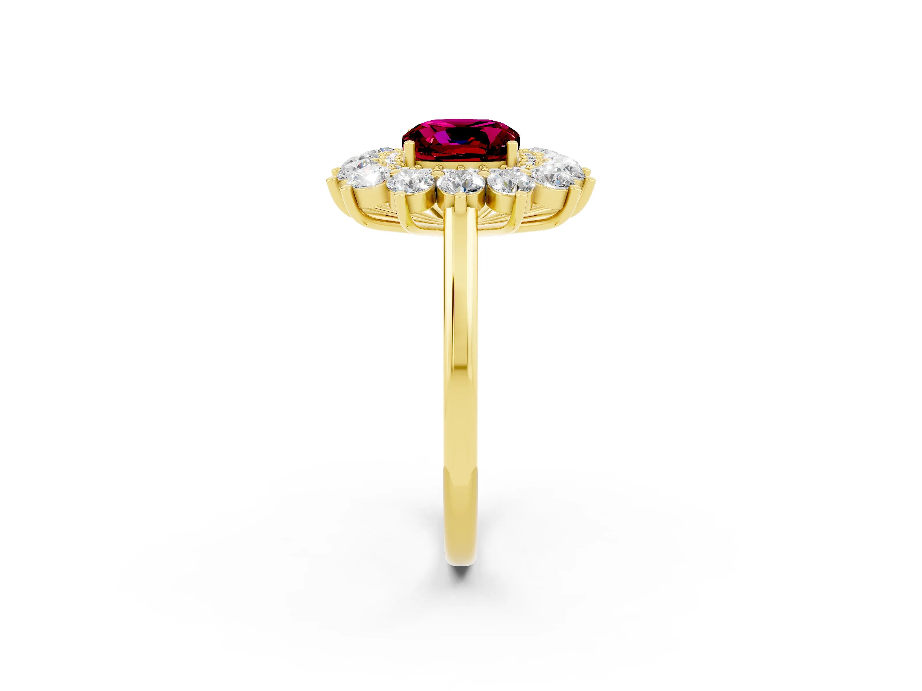 Yellow gold Cushion Cut Halo Cluster Diamond Ring with Pave Band and Four-Prong Setting_14