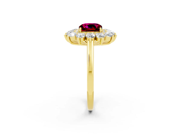 Yellow gold Cushion Cut Garnet Floral Double Halo Engagement Ring with Prong Setting