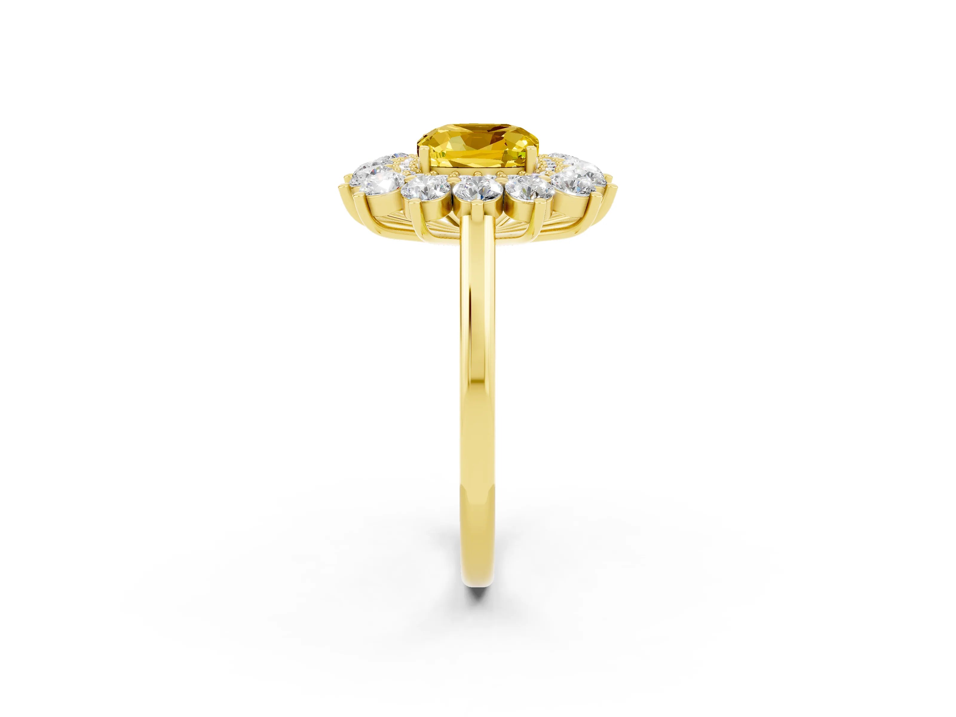 Yellow gold Cushion Cut Halo Cluster Diamond Ring with Pave Band and Four-Prong Setting_14