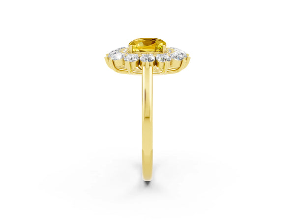 Yellow gold Cushion Cut Yellow Sapphire Floral Double Halo Engagement Ring with Prong Setting