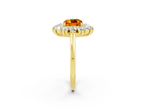 Yellow gold Cushion Cut Citrine Floral Double Halo Engagement Ring with Prong Setting