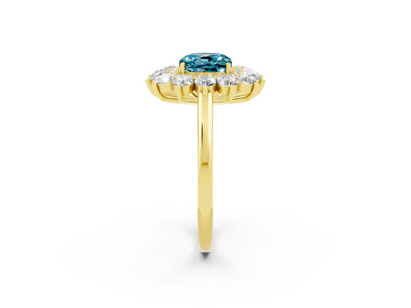 Yellow gold Cushion Cut Blue Topaz Floral Double Halo Engagement Ring with Prong Setting