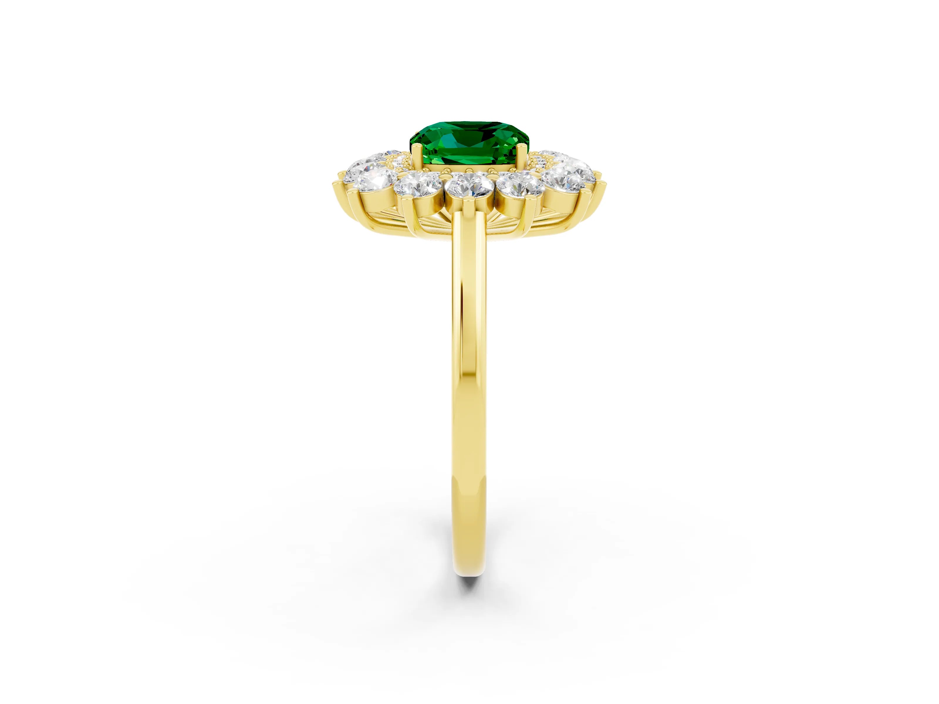 Yellow gold Cushion Cut Halo Cluster Diamond Ring with Pave Band and Four-Prong Setting_14