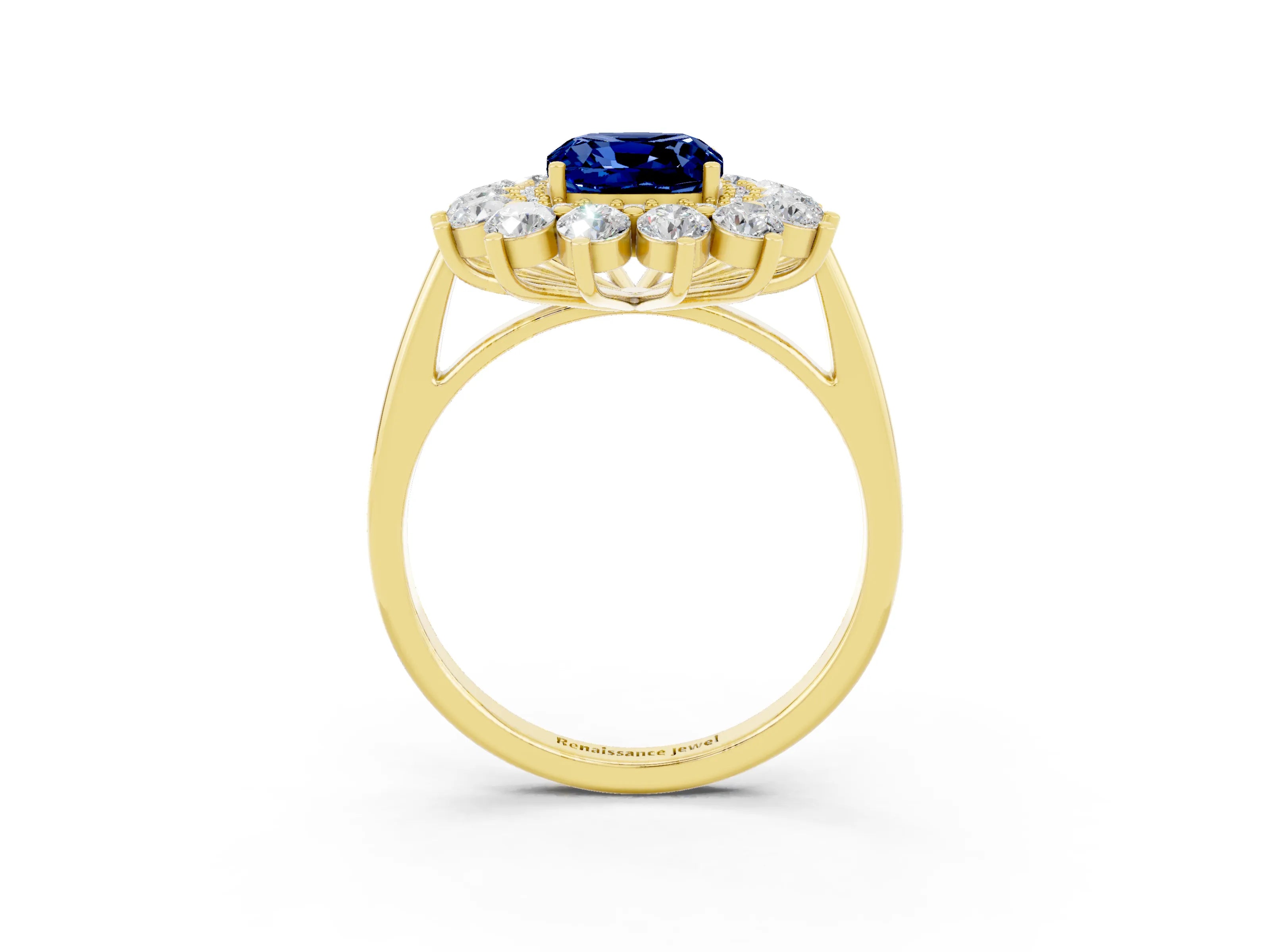 Yellow gold Cushion Cut Halo Cluster Diamond Ring with Pave Band and Four-Prong Setting_15