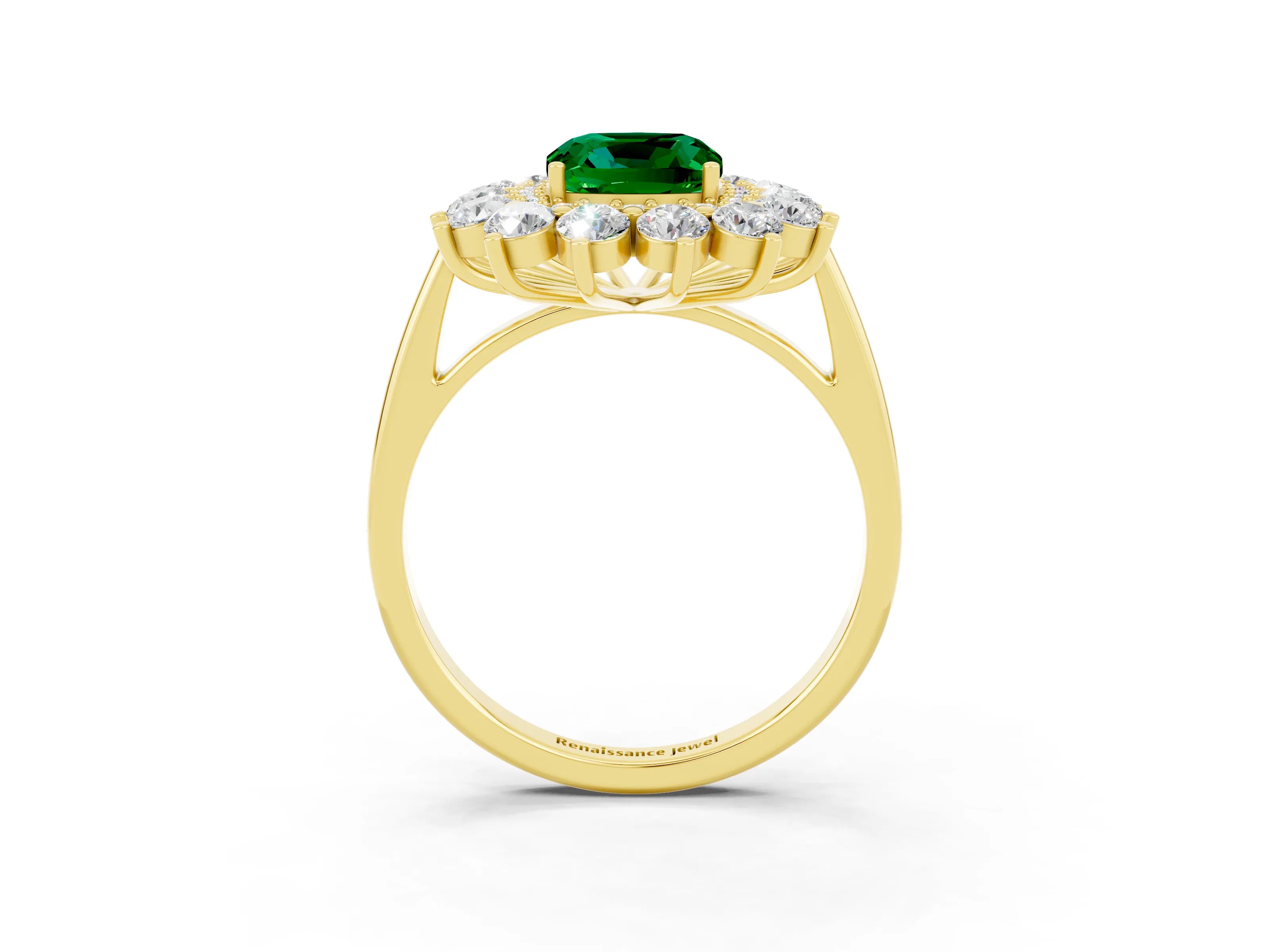 Yellow gold Cushion Cut Halo Cluster Diamond Ring with Pave Band and Four-Prong Setting_15