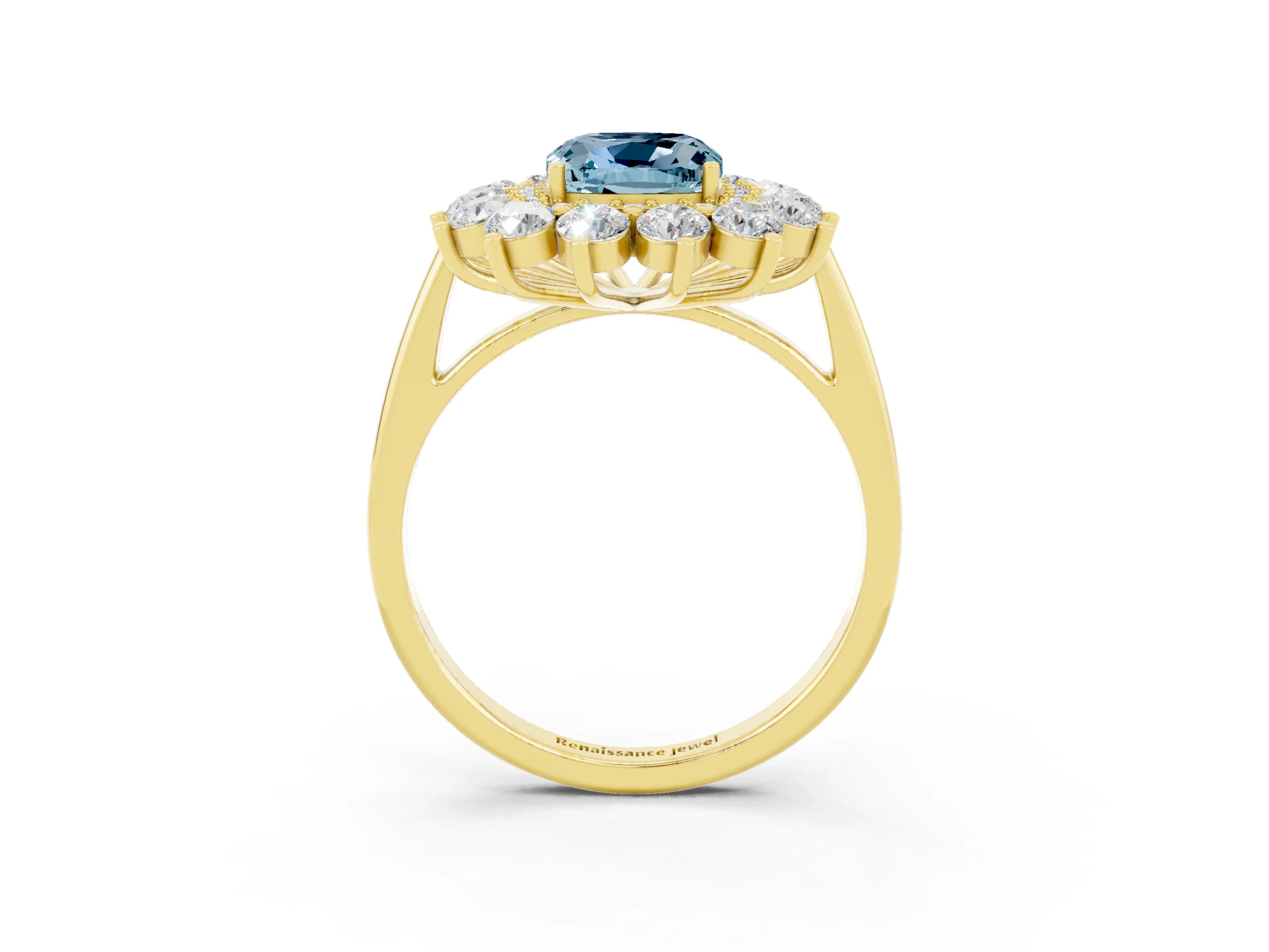 Yellow gold Cushion Cut Halo Cluster Diamond Ring with Pave Band and Four-Prong Setting_15