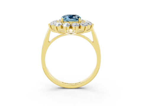 Yellow gold Cushion Cut Halo Cluster Diamond Ring with Pave Band and Four-Prong Setting_15
