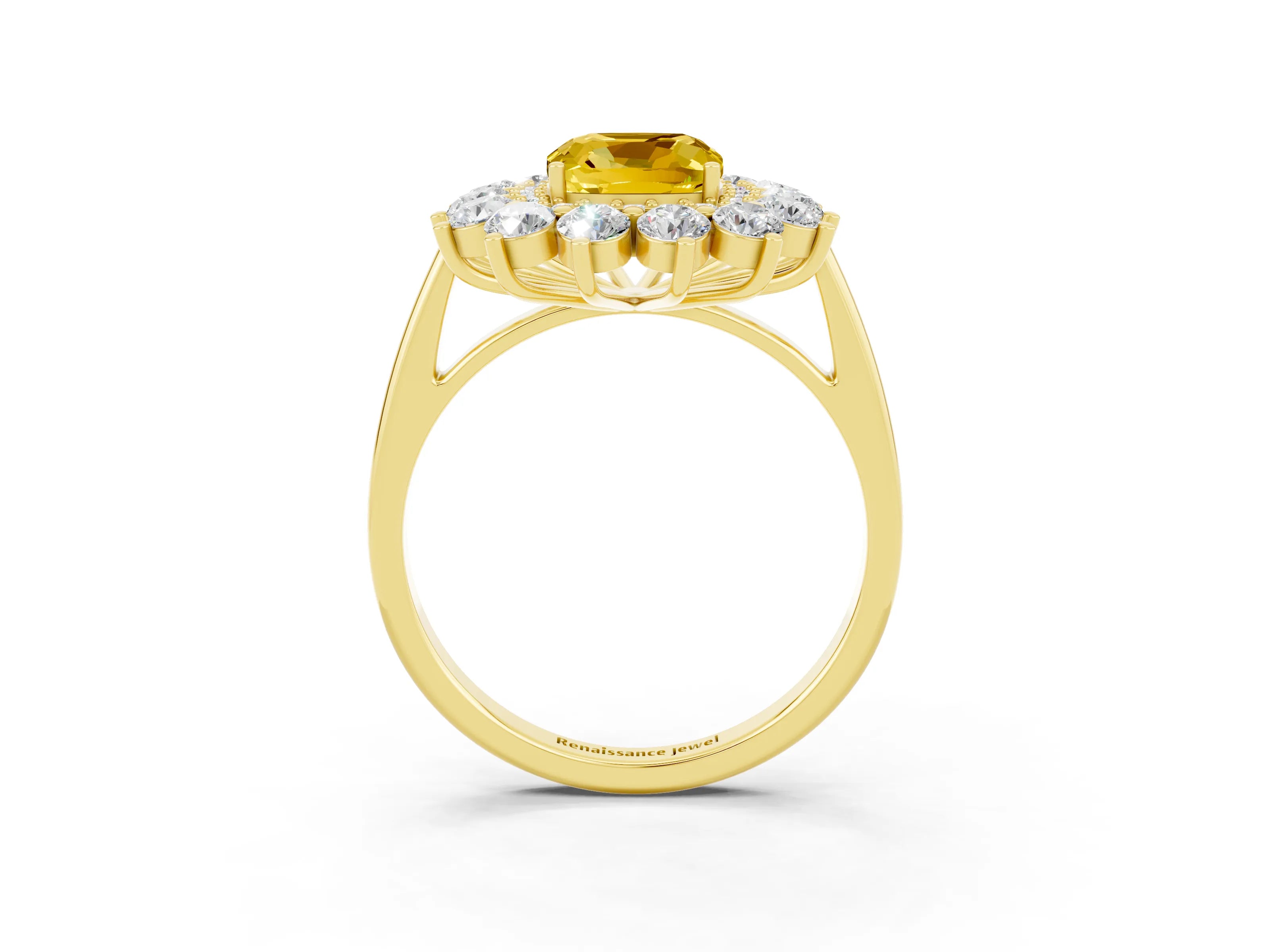 Yellow gold Cushion Cut Halo Cluster Diamond Ring with Pave Band and Four-Prong Setting_15