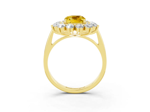 Yellow gold Cushion Cut Yellow Sapphire Floral Double Halo Engagement Ring with Prong Setting
