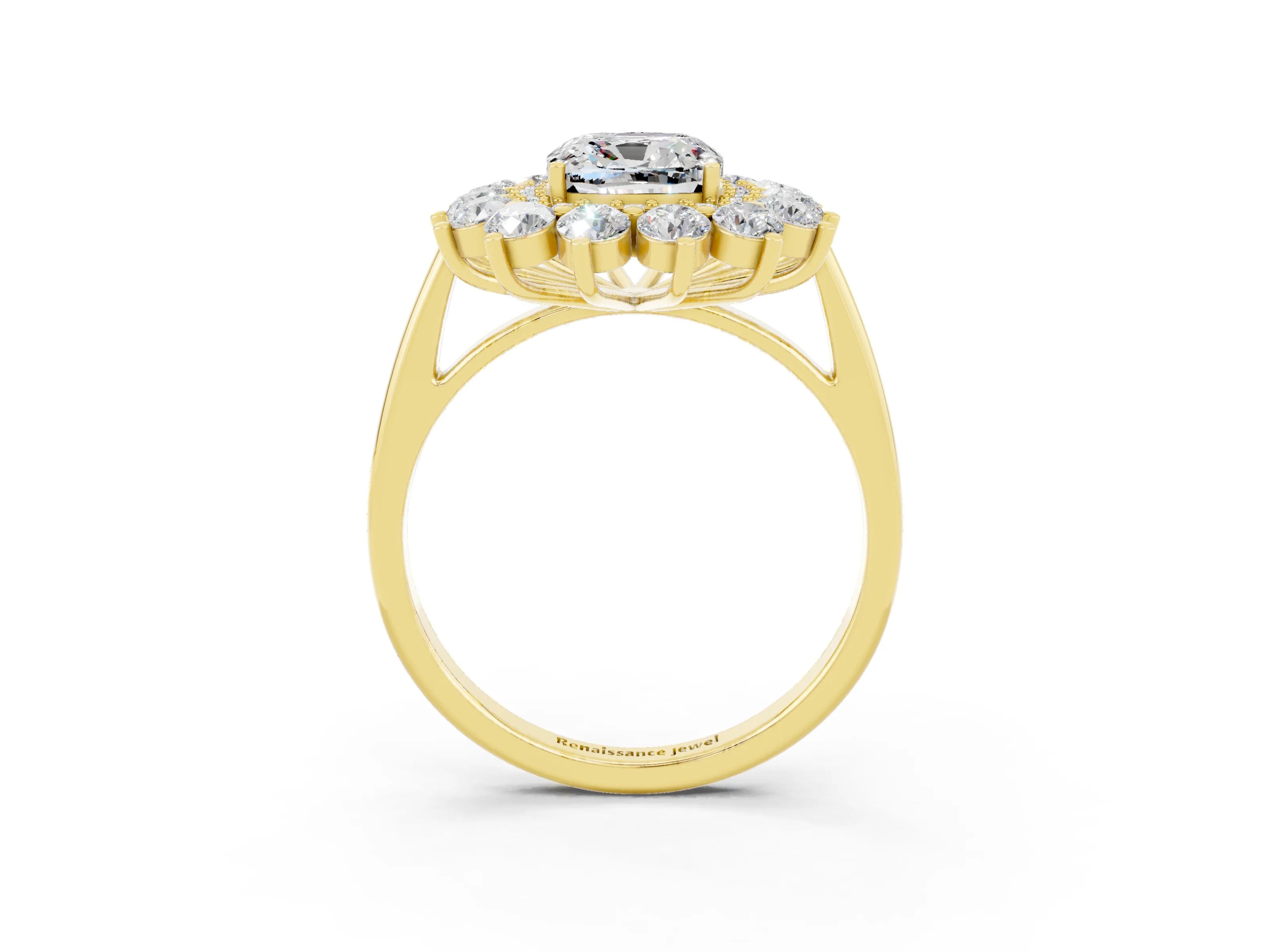 Yellow gold Cushion Cut Halo Cluster Diamond Ring with Pave Band and Four-Prong Setting_15