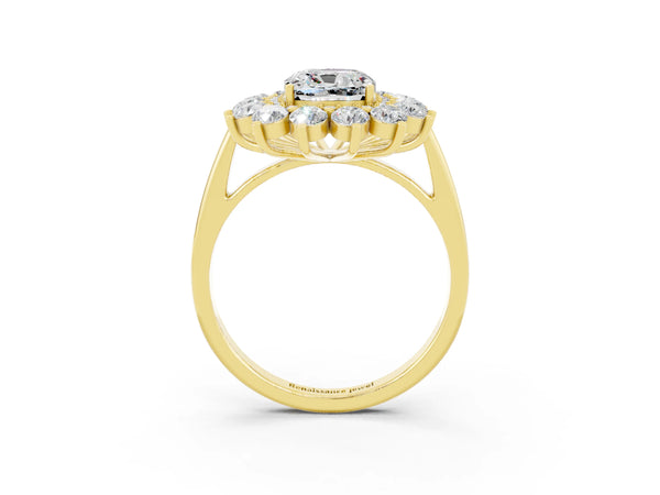 Yellow gold Cushion Cut Moissanite Floral Double Halo Engagement Ring with Prong Setting