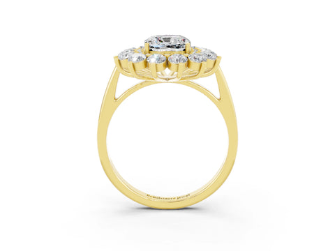 Yellow gold Cushion Cut Halo Cluster Diamond Ring with Pave Band and Four-Prong Setting_15