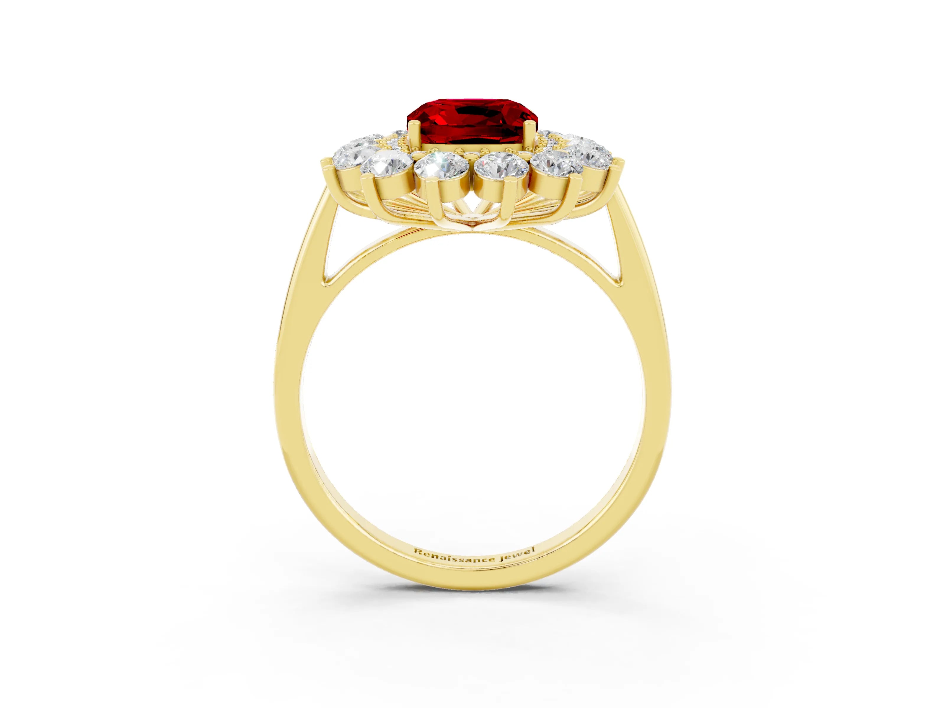 Yellow gold Cushion Cut Halo Cluster Diamond Ring with Pave Band and Four-Prong Setting_15