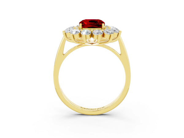 Yellow gold Cushion Cut Ruby Floral Double Halo Engagement Ring with Prong Setting