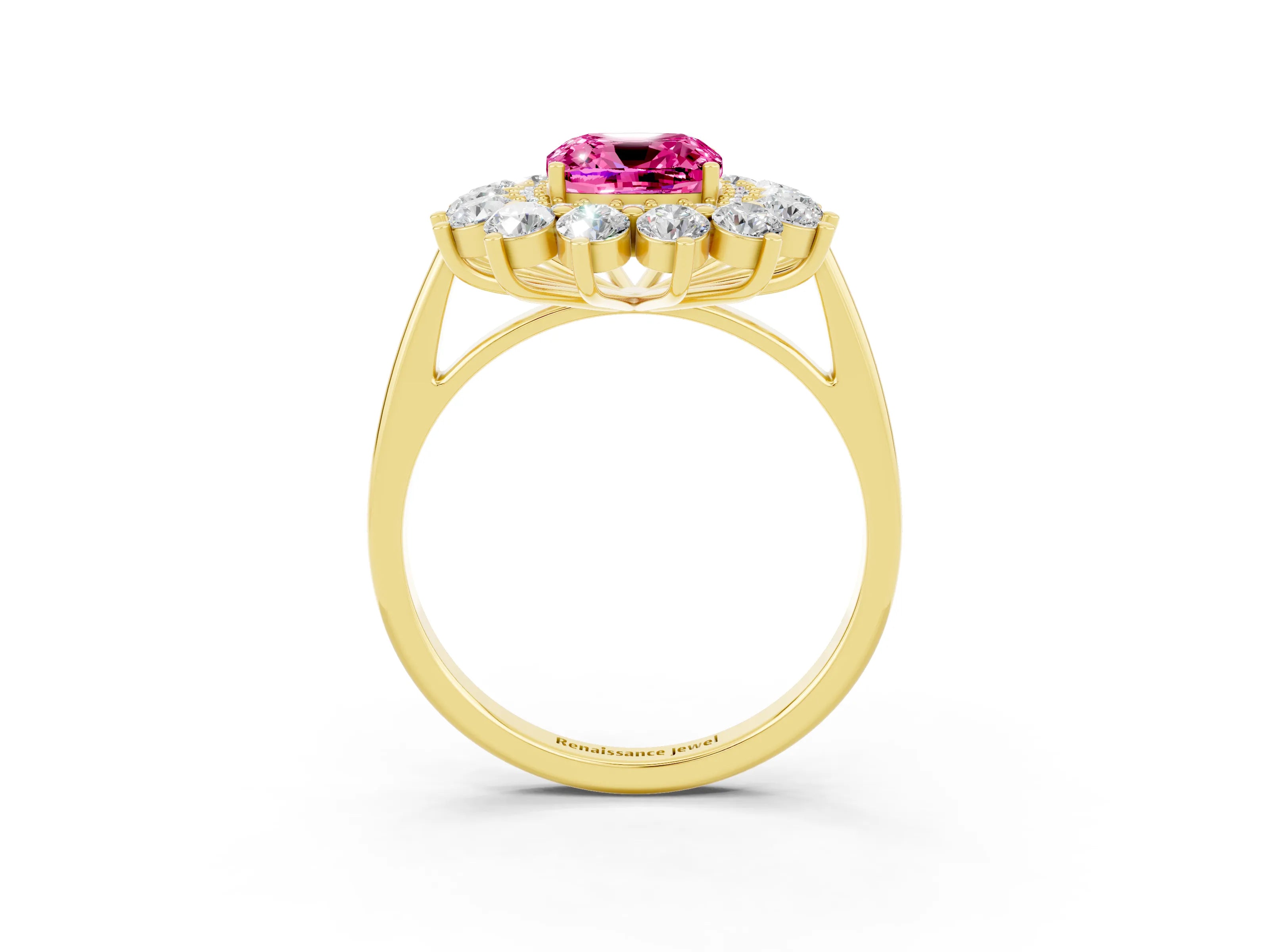 Yellow gold Cushion Cut Halo Cluster Diamond Ring with Pave Band and Four-Prong Setting_15