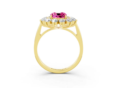 Yellow gold Cushion Cut Halo Cluster Diamond Ring with Pave Band and Four-Prong Setting_15