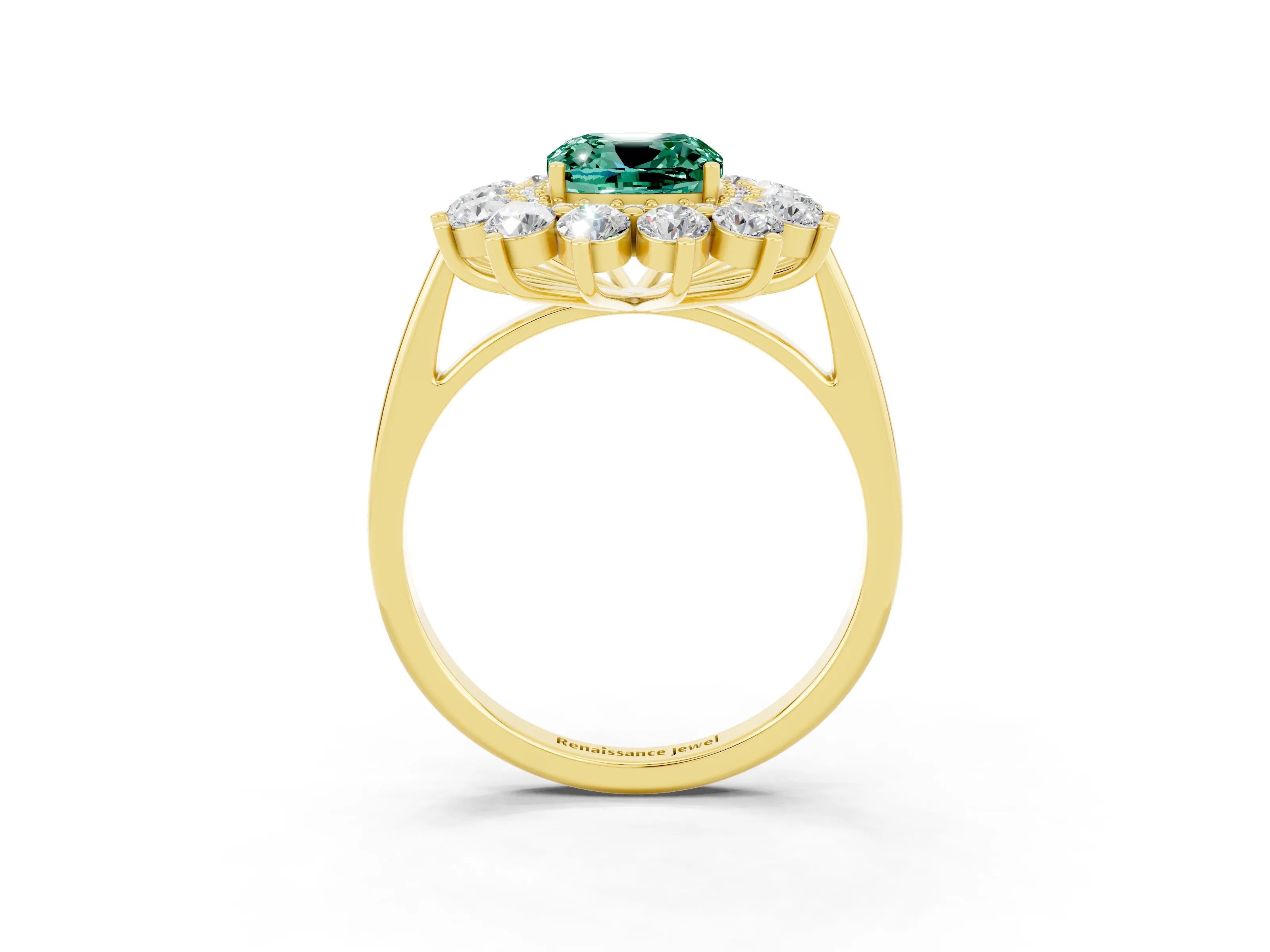 Yellow gold Cushion Cut Halo Cluster Diamond Ring with Pave Band and Four-Prong Setting_15
