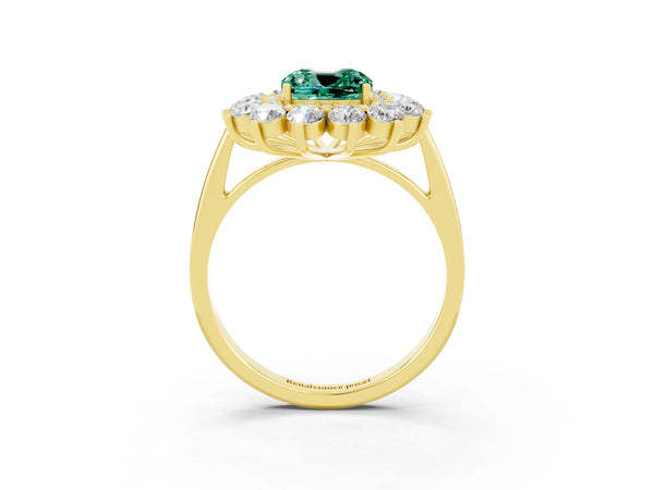 Yellow gold Cushion Cut Green Sapphire Floral Double Halo Engagement Ring with Prong Setting