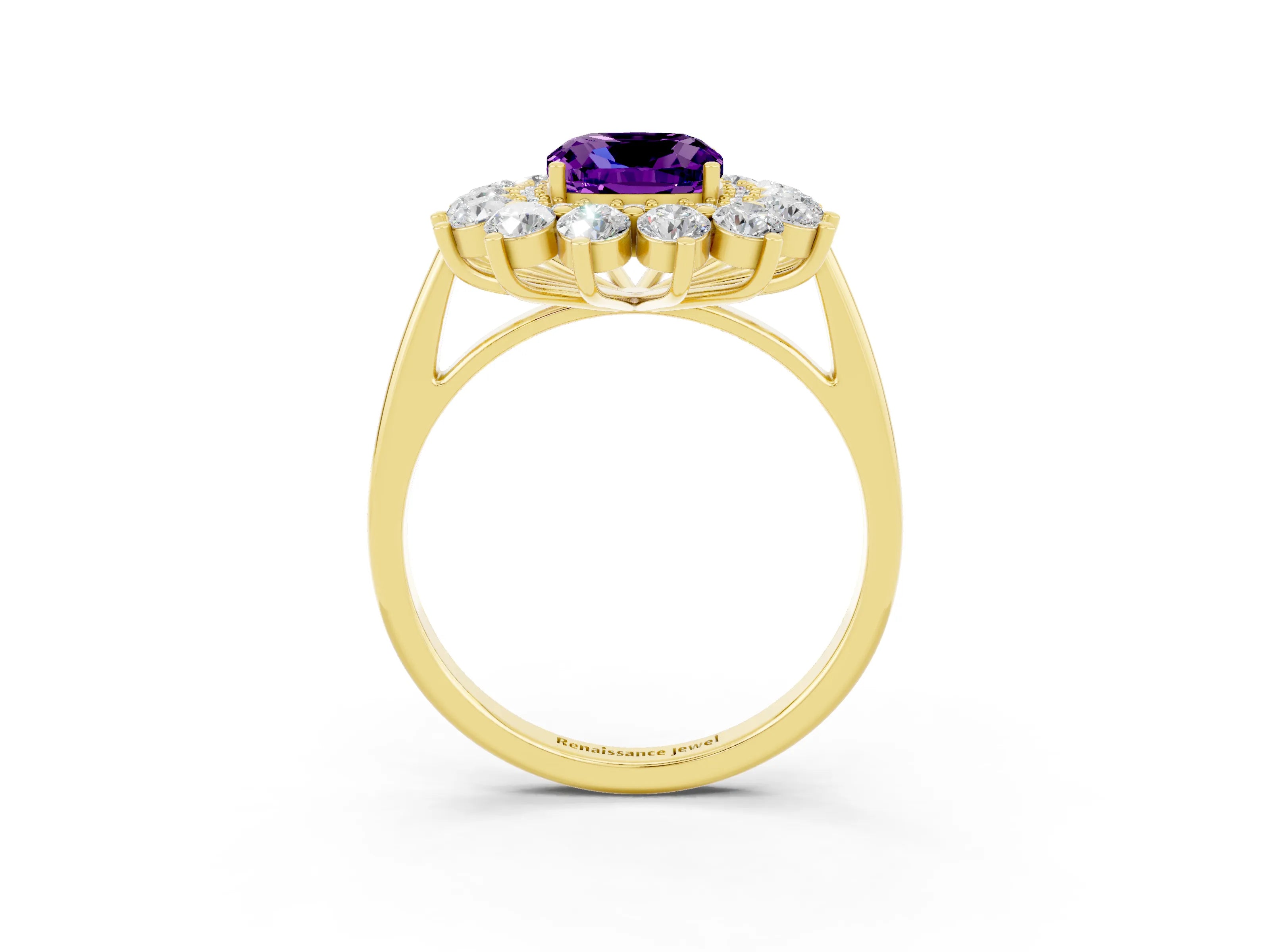 Yellow gold Cushion Cut Halo Cluster Diamond Ring with Pave Band and Four-Prong Setting_15