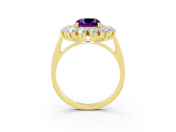 Yellow gold Cushion Cut Amethyst Floral Double Halo Engagement Ring with Prong Setting