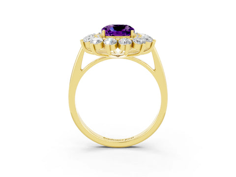 Yellow gold Cushion Cut Halo Cluster Diamond Ring with Pave Band and Four-Prong Setting_15