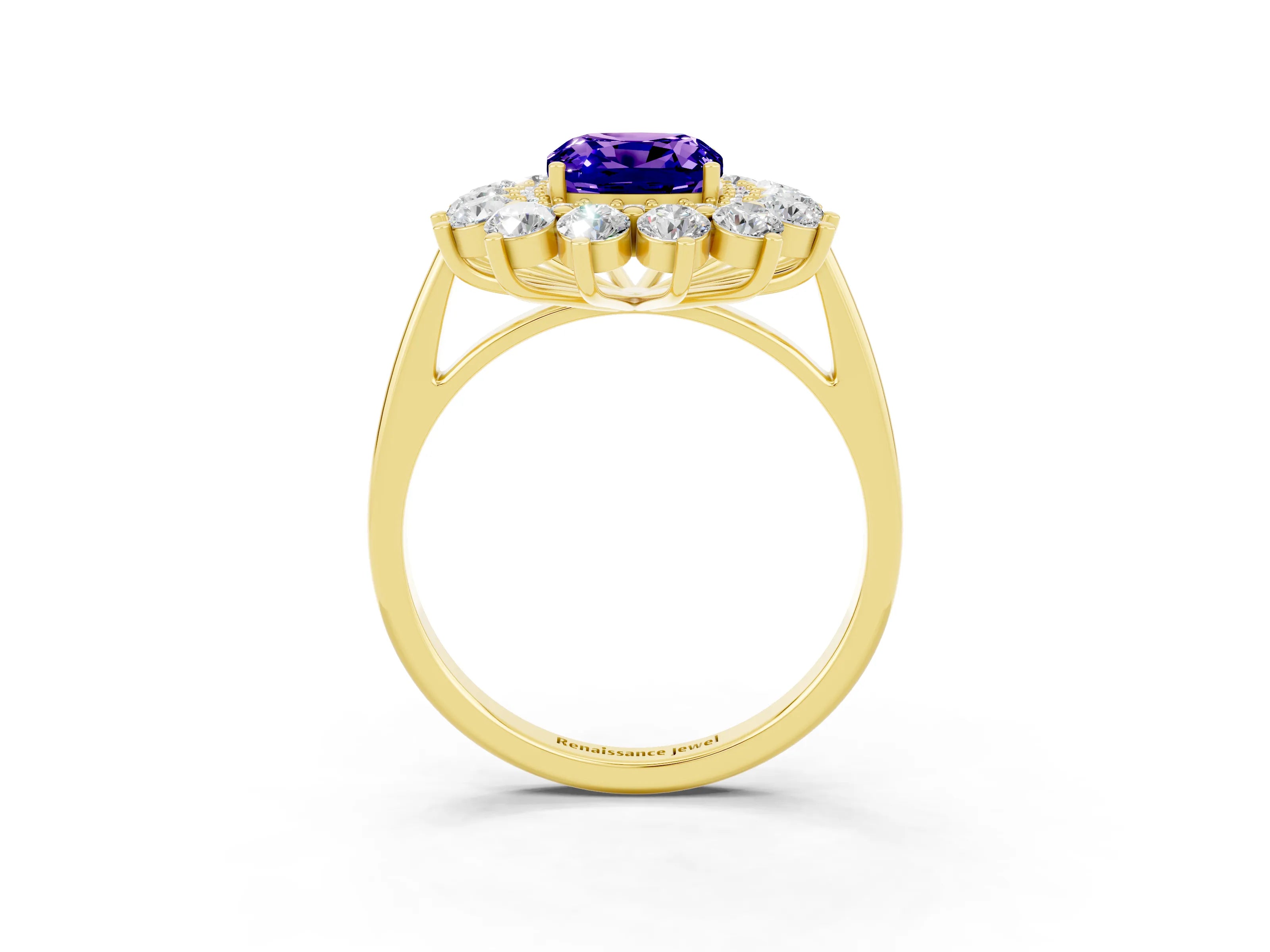 Yellow gold Cushion Cut Halo Cluster Diamond Ring with Pave Band and Four-Prong Setting_15