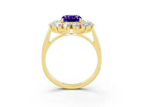 Yellow gold Cushion Cut Halo Cluster Diamond Ring with Pave Band and Four-Prong Setting_15