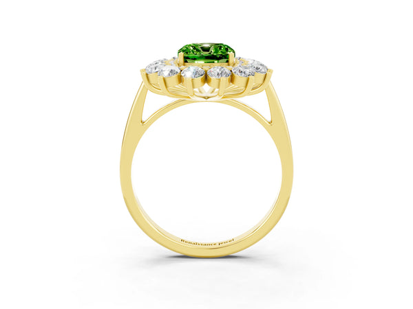 Yellow gold Cushion Cut Peridot Floral Double Halo Engagement Ring with Prong Setting