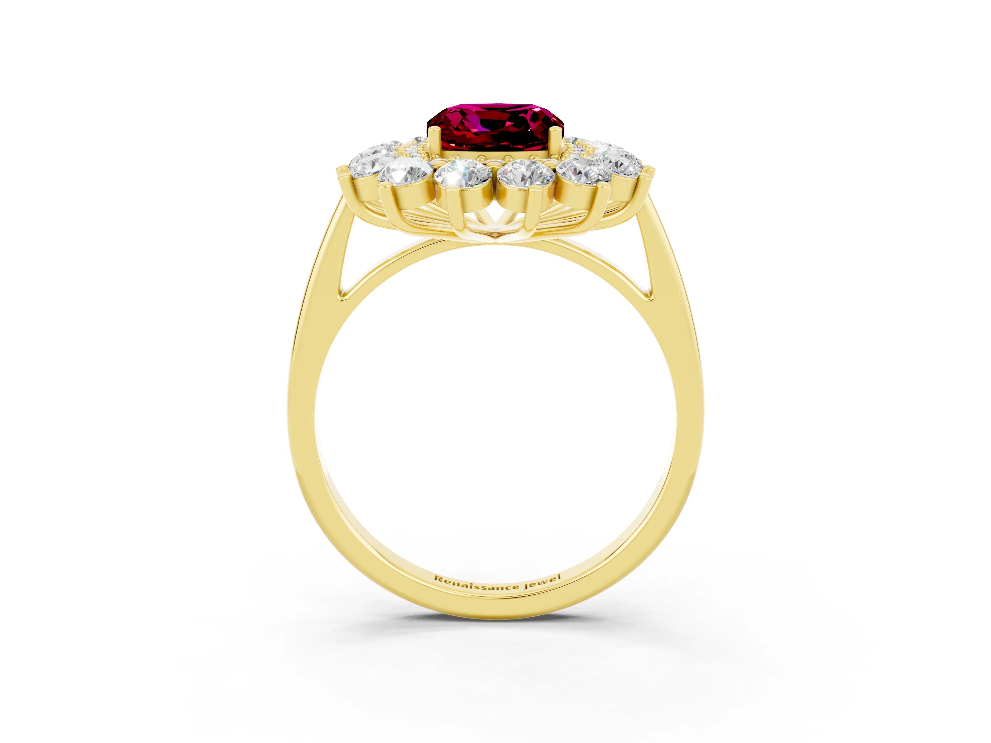Yellow gold Cushion Cut Halo Cluster Diamond Ring with Pave Band and Four-Prong Setting_15