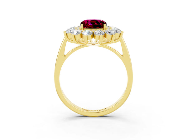 Yellow gold Cushion Cut Garnet Floral Double Halo Engagement Ring with Prong Setting