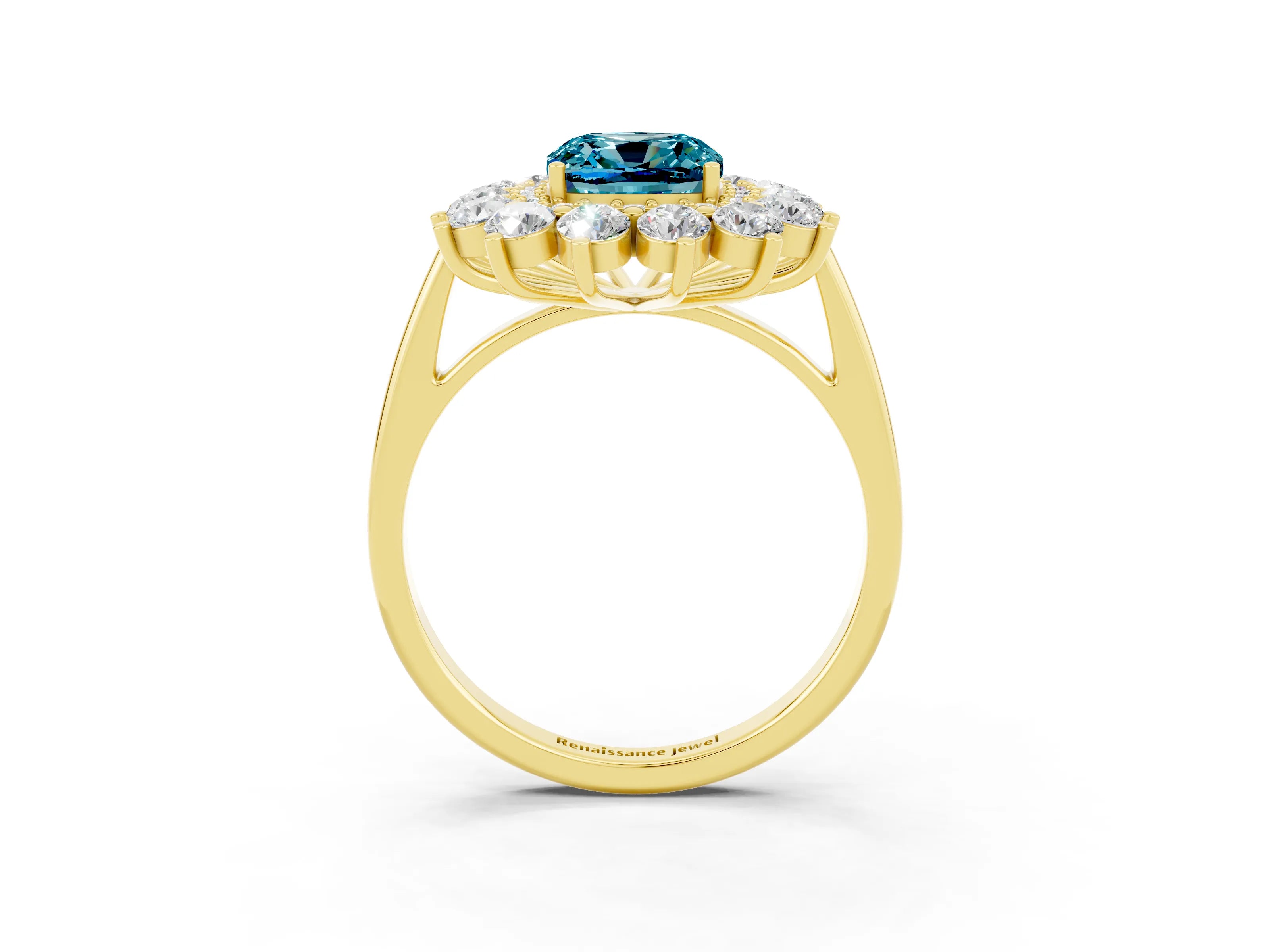 Yellow gold Cushion Cut Halo Cluster Diamond Ring with Pave Band and Four-Prong Setting_15